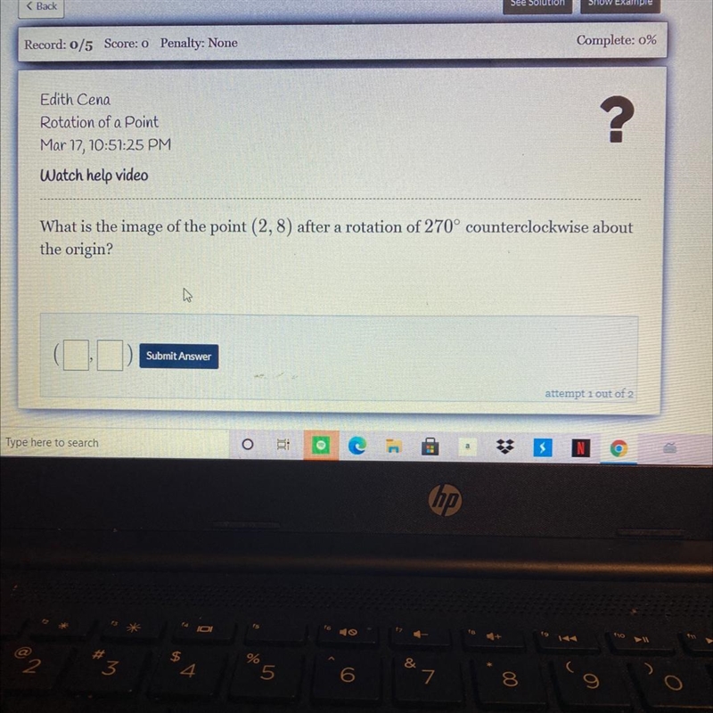 What is the image of the point (2,8) after a rotation of 270° counterclockwise about-example-1