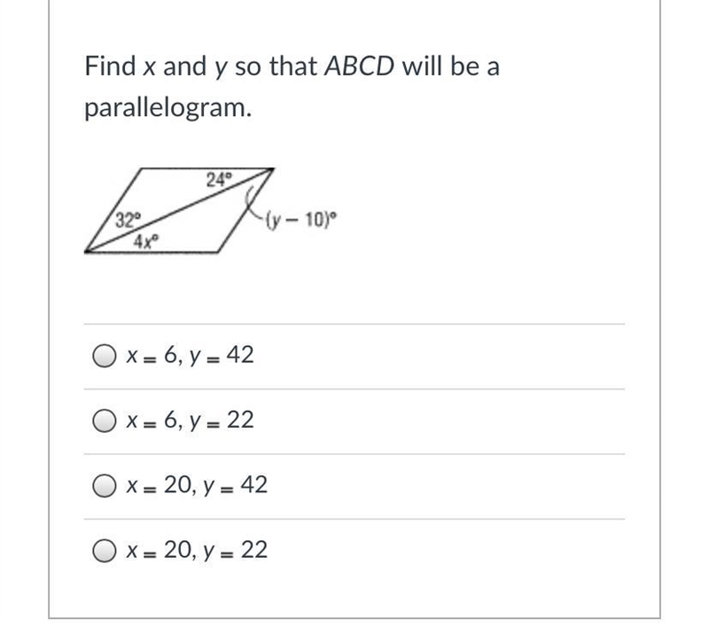 WILL MARK! please help:) Find x and y so that ABCD will be a parallelogram.-example-1