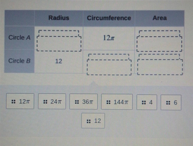 circle A and circle b are two different circles find the missing values on this table-example-1