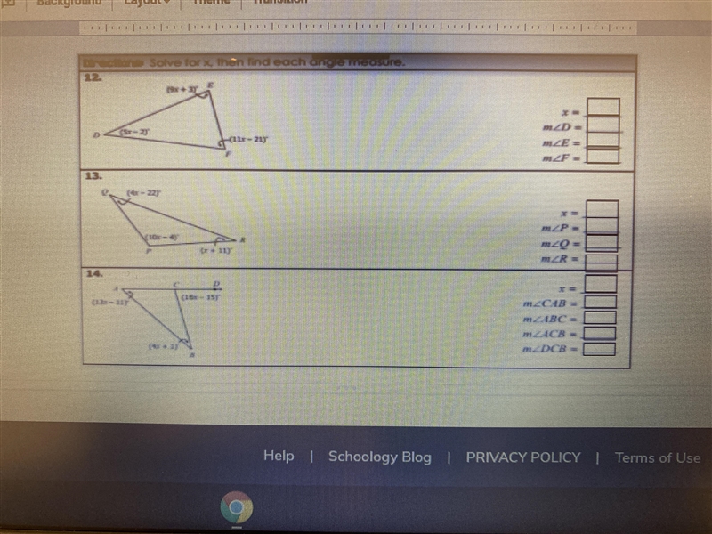 Solve for x then find each angle measure-example-1