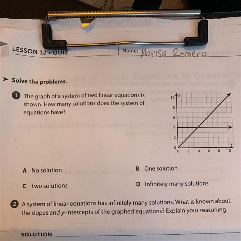 A No solution B One solution C Two solutions D Infinitely many solutions colutions-example-1