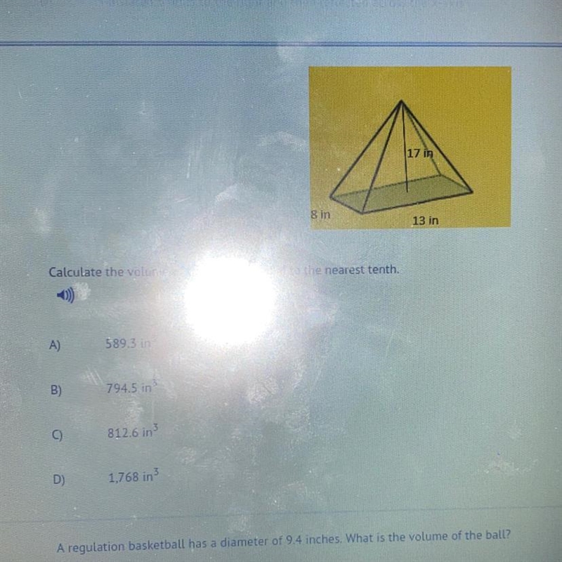 Calculate the volume of the given pyramid to the nearest tenth-example-1