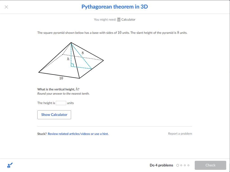 The square pyramid shown below has a base with sides of 10 units. The slant height-example-1