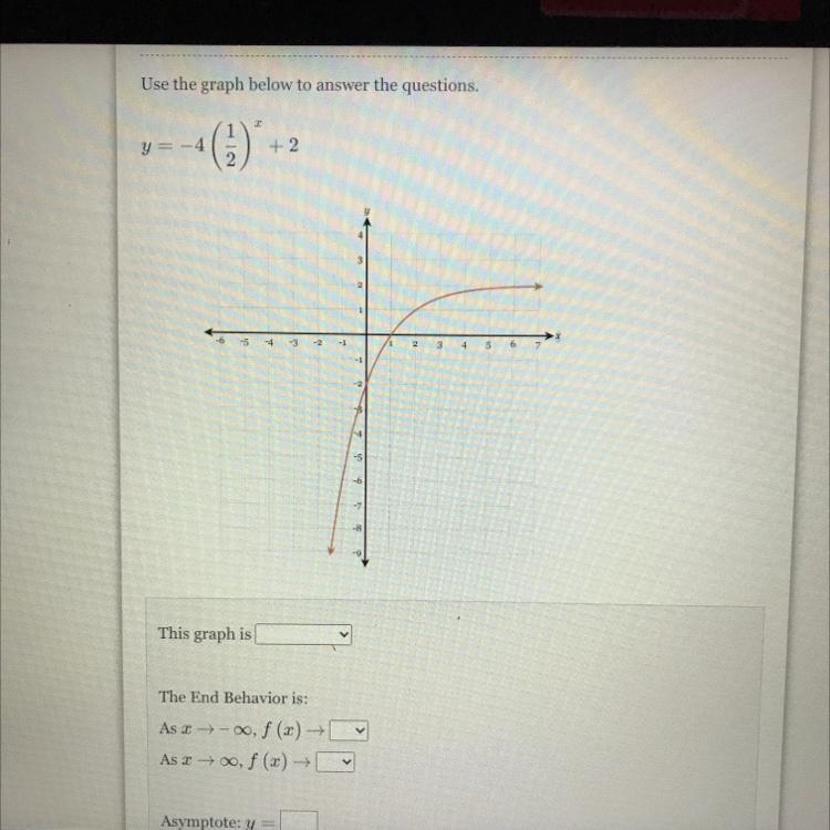 Use the graph below to answer the question Y=-4(1/2)^x+2-example-1