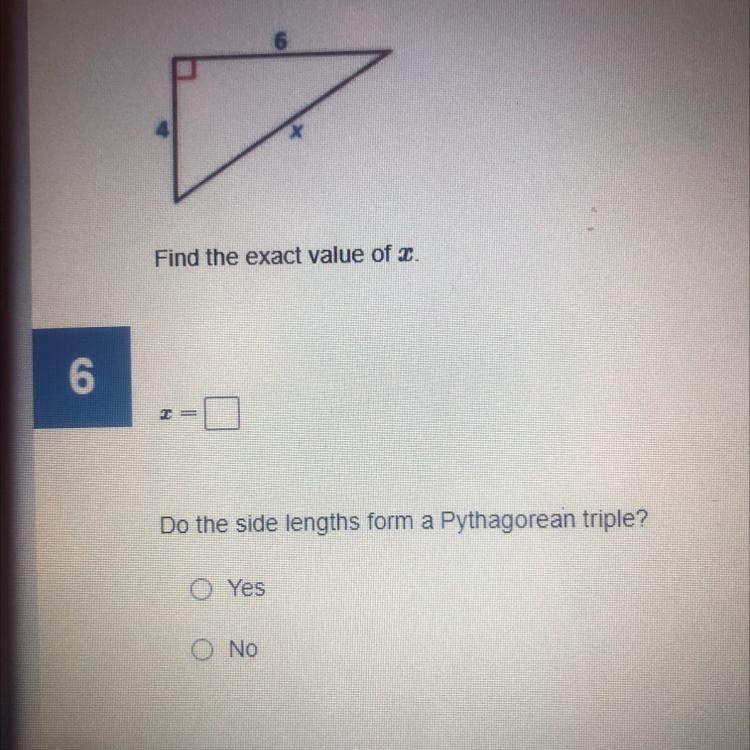 Find the exact value of x. Do the side lengths form a Pythagorean triple?-example-1