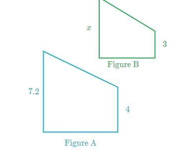 Figure A is a scale image of Figure B. Figure A: 7.2 , 4. Figure B: 3 , x. What is-example-1