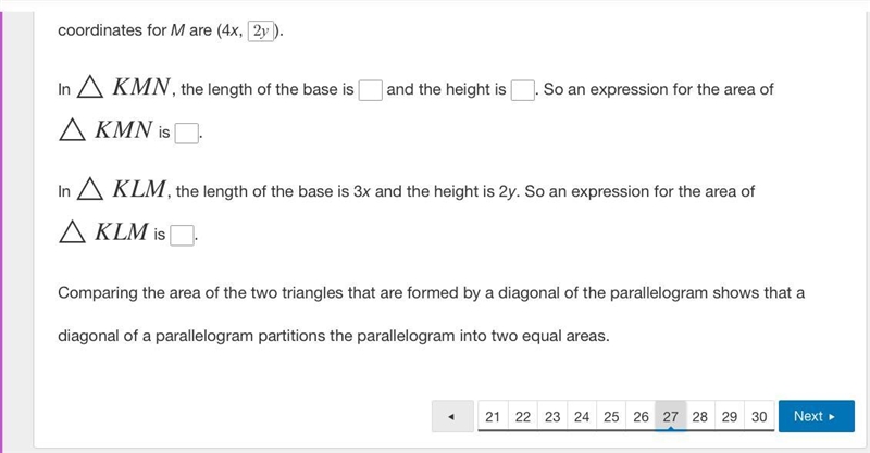 Lucinda is writing a coordinate proof to show that a diagonal of a parallelogram partitions-example-1