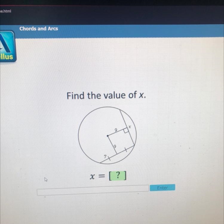 Find the value of x. X 9 9 7 x = [?]-example-1