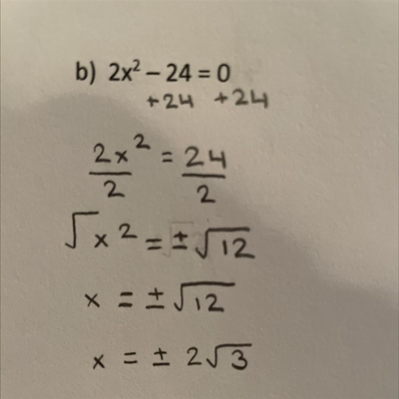 When I solved this quadratic using the square root property, I am not sure if i did-example-1