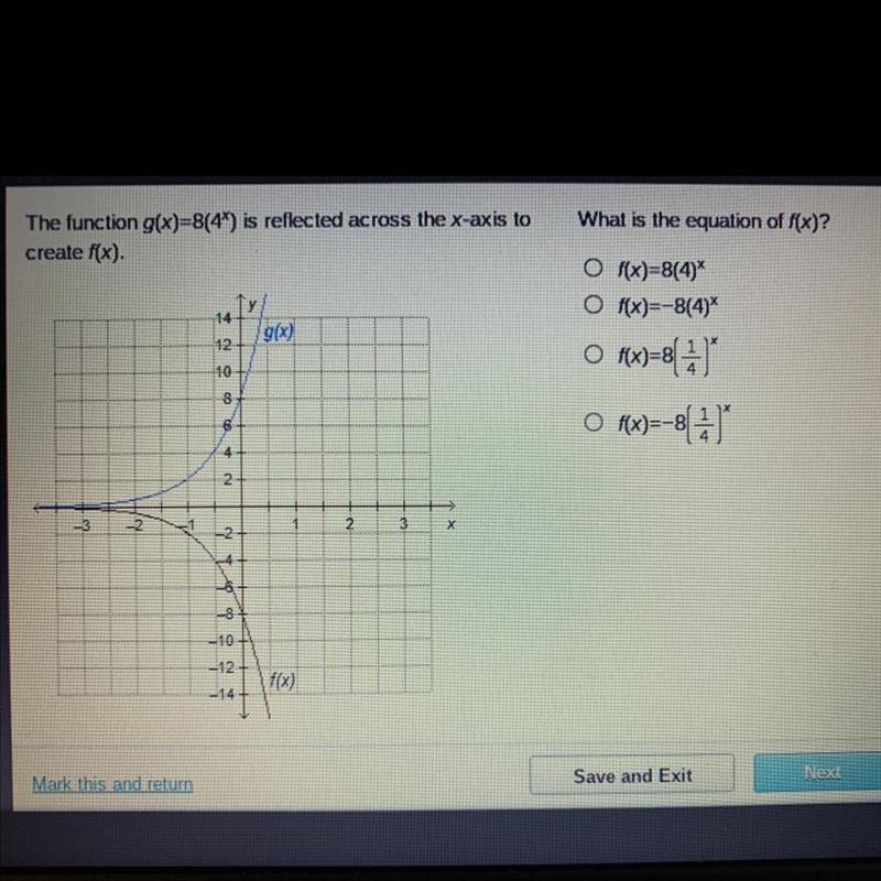 The function g(x)=8(4*) is reflected across the x-axis to create f(x). What is the-example-1