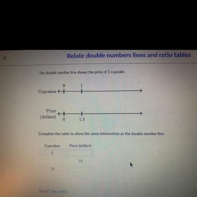 The double number line shows the price of one cup cake.￼ complete the table to show-example-1