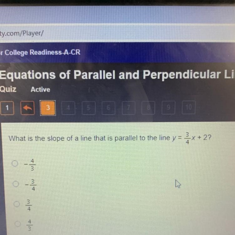 What is the slope of a line that is parallel to the line y=3/4x+2?-example-1