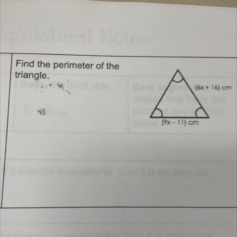 Find the perimeter of the triangle. 16% + 16) cm (9%-11) cm-example-1