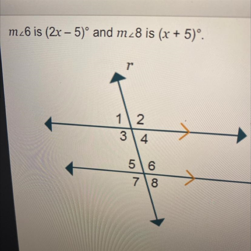 M_6 is (2x – 5)º and m_8 is (x + 5)º. What is m 3? Q: I can’t seem to figure out the-example-1