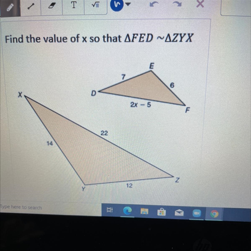 Find the value of x so that FED ~ZYZ need help asap-example-1