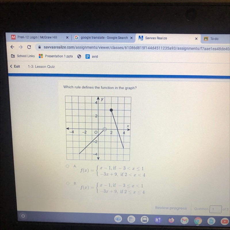 Which rule defines the function in the graph? у 2 х -2 o 2 -2 O A f(x) = 2 – 1, if-example-1