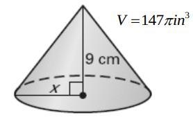 If the volume of the polyhedron is 147π in^3, the value of x is ___ cm.-example-1