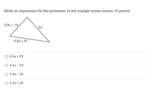 Write an expression for the perimeter of the triangle shown below: A). 4.5x + 29 B-example-1