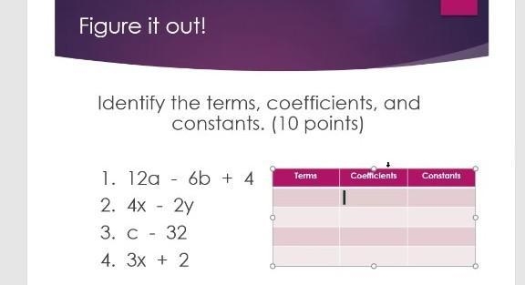 Please help me !!!!!! 1. 12a-6b + 4 2. 4x-2y 3.c - 33 4.3x +2​-example-1