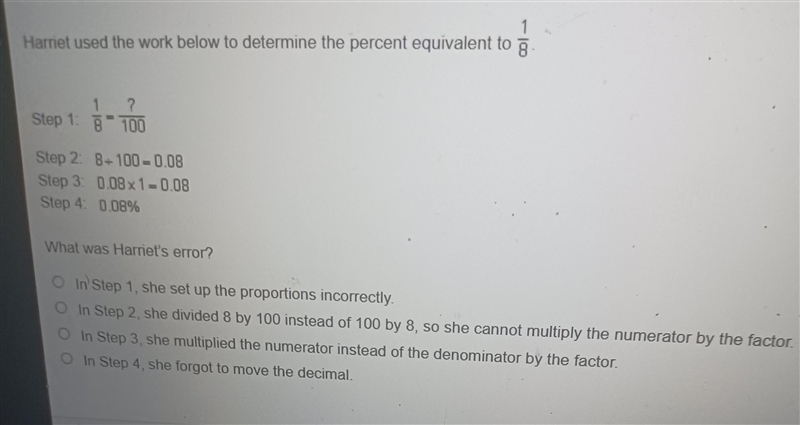 Hantet used the work below to determine the percent equivalent to 1/8​-example-1