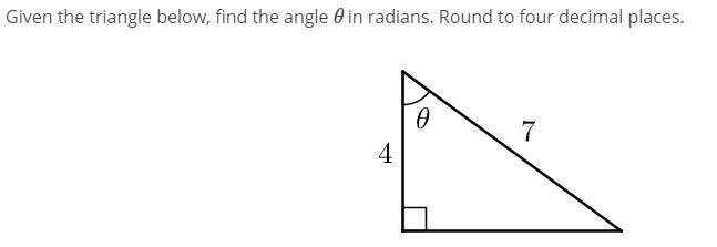 Given the triangle below, find the angle θ in radians. Round to four decimal places-example-1