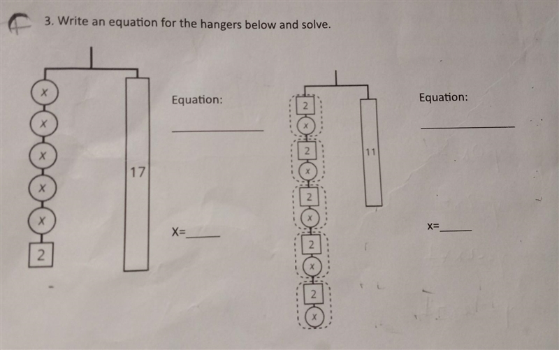 Write an equation for the hangers below and solve (will give brainless if correct-example-1