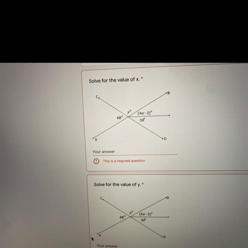 PLZ HELP !!!!!!!Solve for the value of x and y 68 (4x - 2) 30-example-1