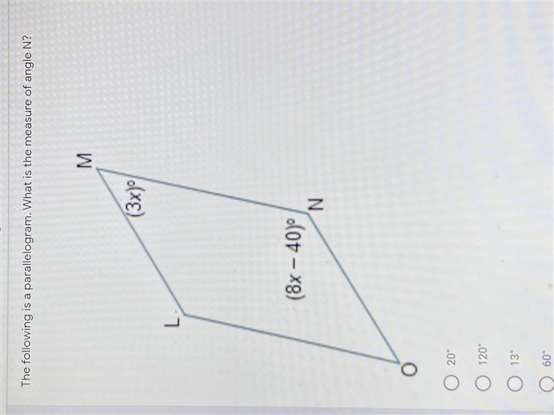 The following is a parallelogram. What is the measure of angle N?-example-1