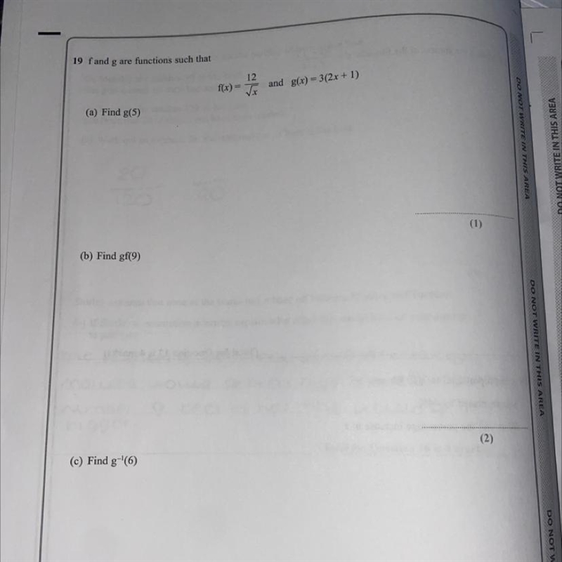 19 fand g are functions such that 12 (c) and g(x)=3(2x + 1) (a) Find g(5) (b) Find-example-1