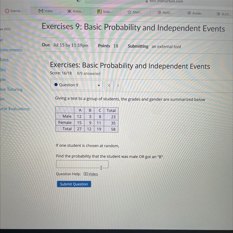 Probability that student was male or got an “B”-example-1