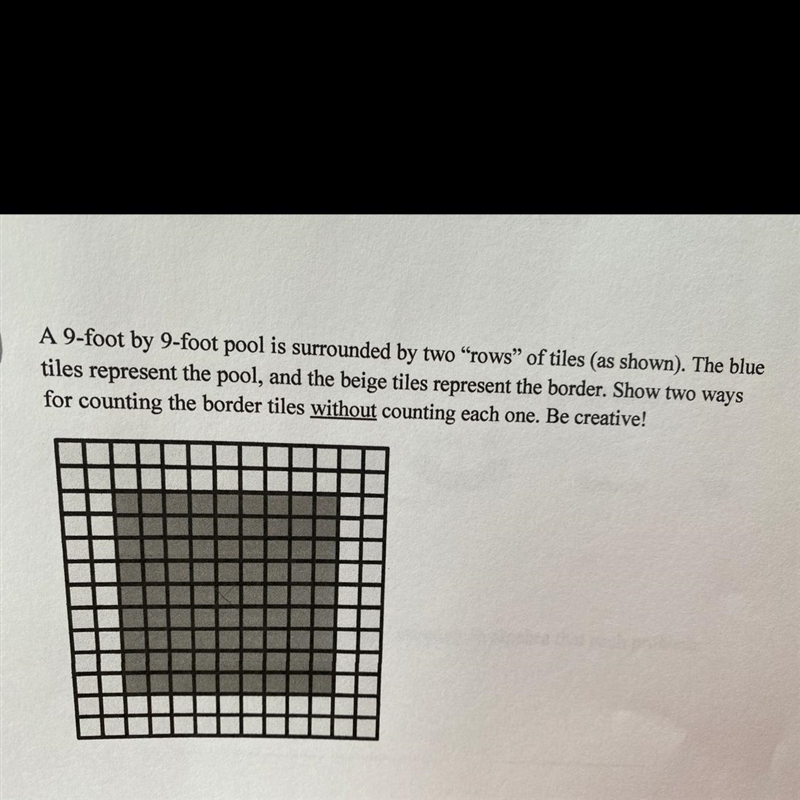A 9-foot by 9-foot pool is surrounded by two "rows" of tiles (as shown). The-example-1