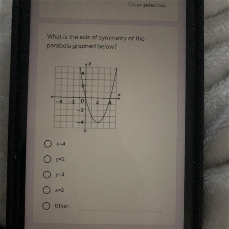 What is the axis of symmetry of the parabola graphed below? O x=4 Oy=2 Oy=4 Ox=2 Other-example-1