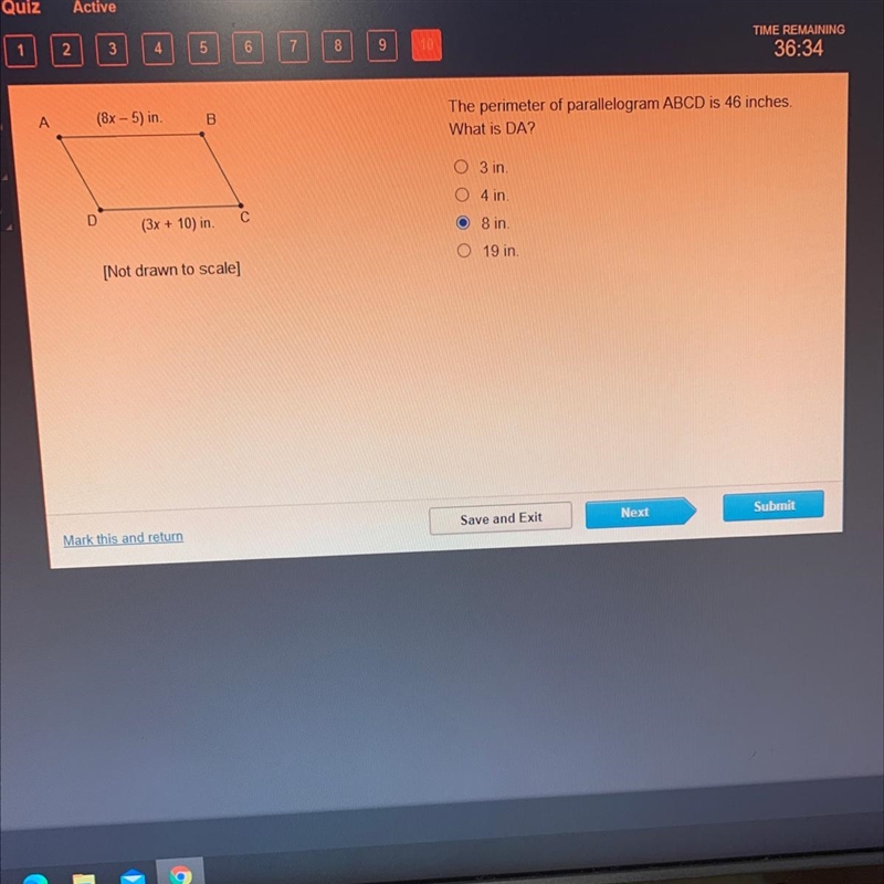 A (8x - 5) in. B The perimeter of parallelogram ABCD is 46 inches. What is DA? 03 in-example-1