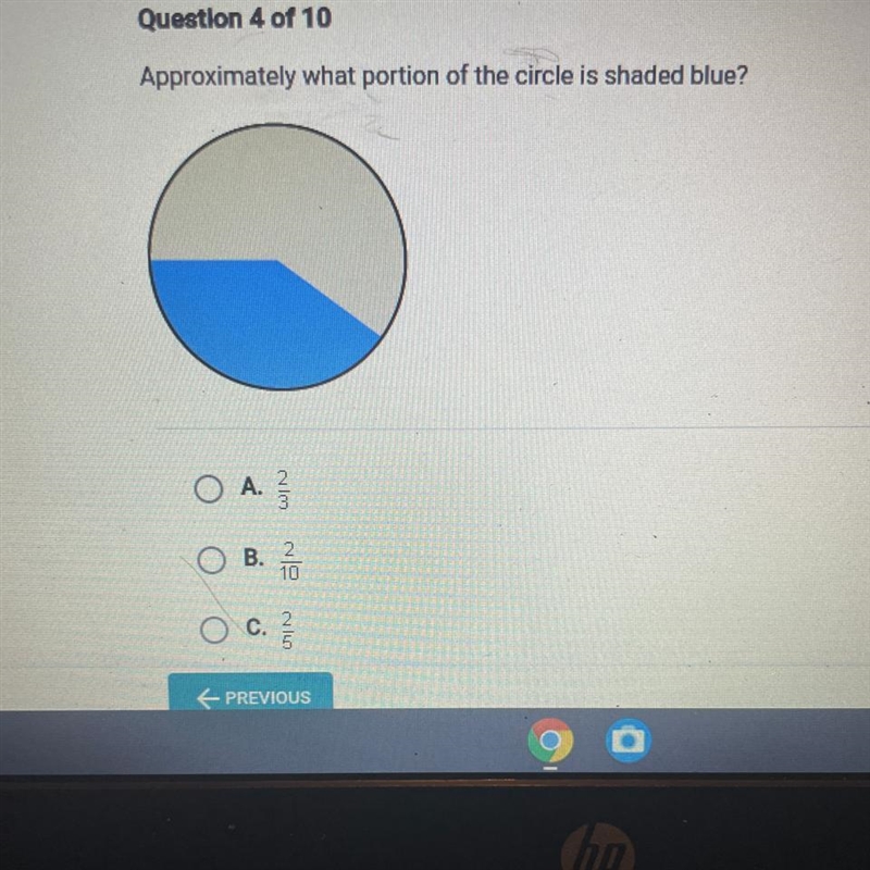 Approximately what portion of the circle is shaded blue? A. 2/3 B. 2/10 C.2/5-example-1