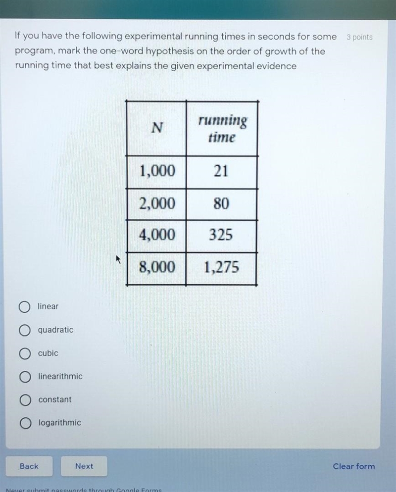 3 points If you have the following experimental running times in seconds for some-example-1