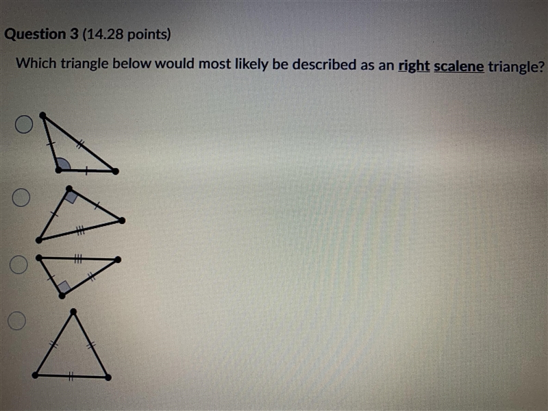 Which triangle below would most likely be described as an right scalene triangle?-example-1