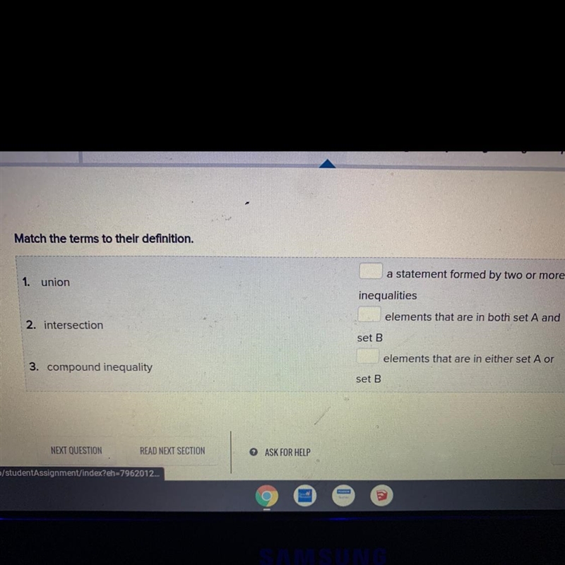 Match the terms to their definition. 1. union 2. intersection 3. compound inequality-example-1