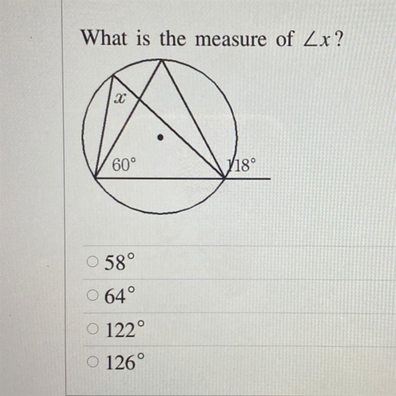 Help!! What is the measure of Zx? X 60° 118° 58° 64° O 122° O 126°-example-1