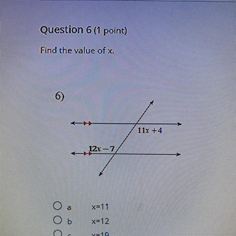 Find the value of x 1 x=11 2 x=12 3 x=19 4 x= 20-example-1