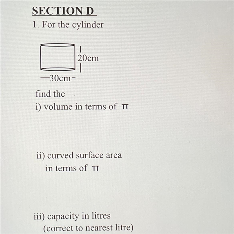 I) Find the volume in terms of pie ii) curved surface area in terms of pie iii) capacity-example-1