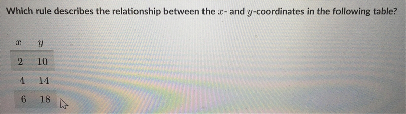 Choose 1 answer: (Choice A) Multiply x by 5 to get y. (Choice B) Multiply x by 2. Then-example-1