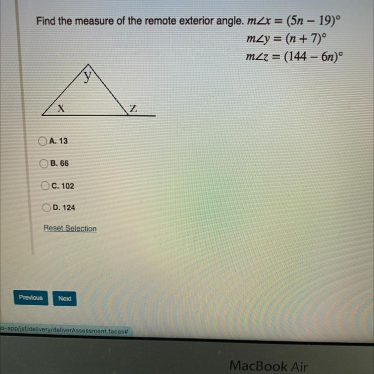 Find the measure of the remote exterior angle. (Angles above)-example-1