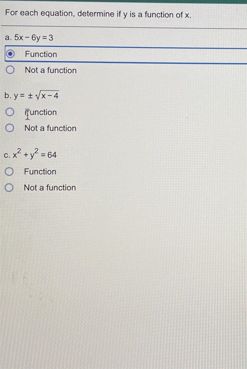 For each equation, determine if Y as a function of X.-example-1