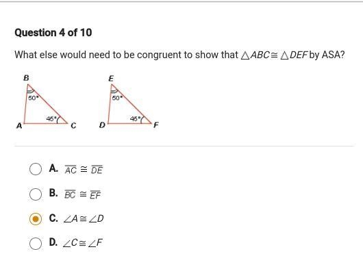 What else would need to be congruent to show that ABC is congruent to DEF by ASA-example-1