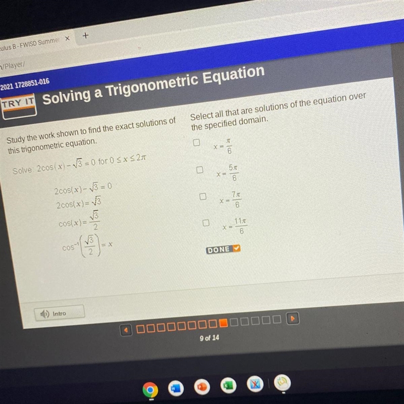 Study the work shown to find the exact solutions of this trigonometric equation. Select-example-1