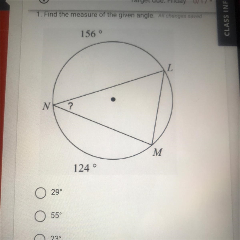 1. Find the measure of the given angle. 156° L N ? M 124-example-1