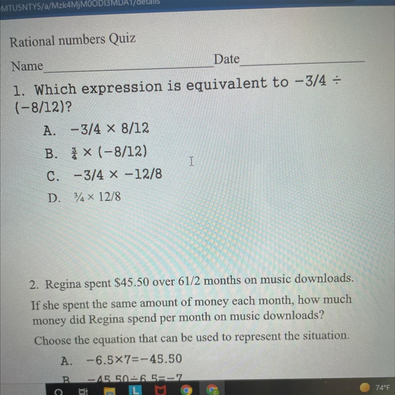 1. Which expression is equivalent to -3/4 = (-8/12)?-example-1