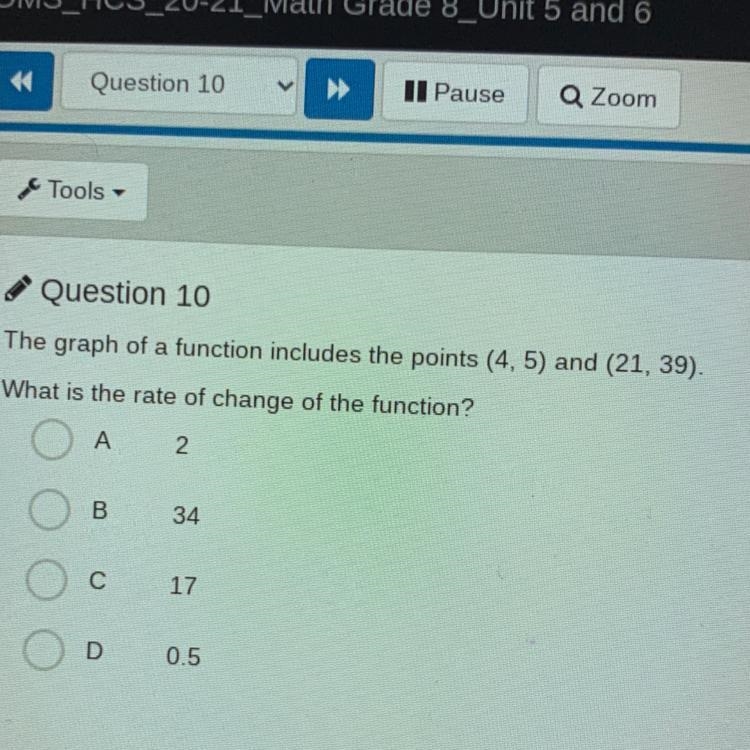 Question 10 The graph of a function includes the points (4, 5) and (21, 39). What-example-1