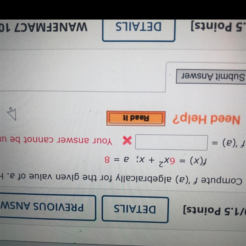 F(x)=6x2+x ; a=8 Compute f’(a) algebraic ally for the given value of a-example-1