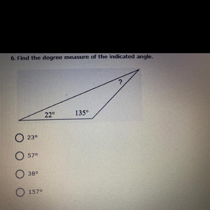 Find the degree measure of the indicated angle. ? 22 135°-example-1